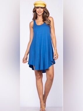 New USA MADE Basic Blue Tank Swing Dress Women's Summer Casual Beach Dress